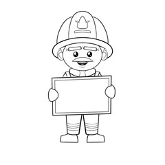 Firefighter wearing a helmet holding a board, job occupation, career clip art hand drawn black and white