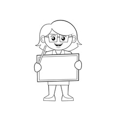 Teacher with glasses and a stick holding a board, job occupation career school clip art hand drawn black and white