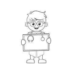 Doctor with a stethoscope in uniform holding a board, job clip art hand drawn black and white