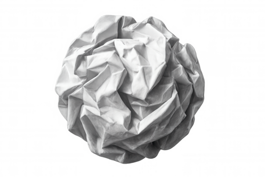 Crumpled white paper forming a ball. Representing errors, trash, stress, and failed concepts. Transparent background