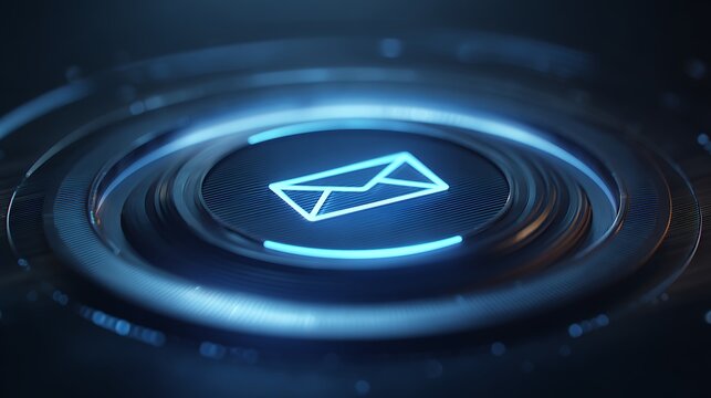 Glowing Blue Email Envelope Icon Centered on Circular Technology Interface with Metallic Rings