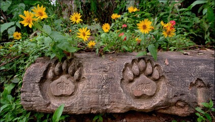 Carved bear paw print on a weathered log, surrounded by vibrant yellow wildflowers and lush greenery, creates a tranquil and natural scene.
