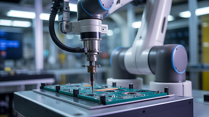 Industrial robotic arm performing precision assembly on electronic circuit board in a manufacturing facility