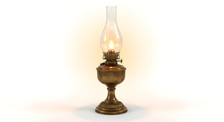 Antique Oil Lamp with Glowing Flame, Isolated on White Background