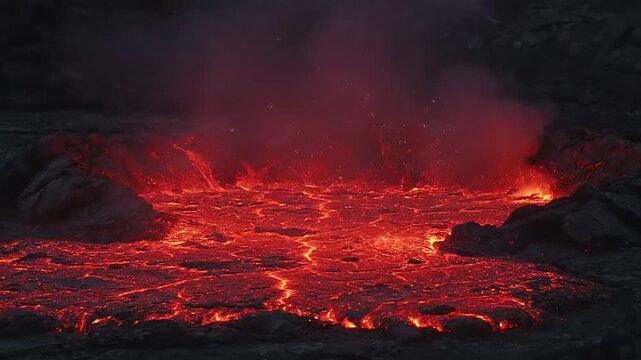 Close-up view of a bubbling lava lake in an active volcano crater