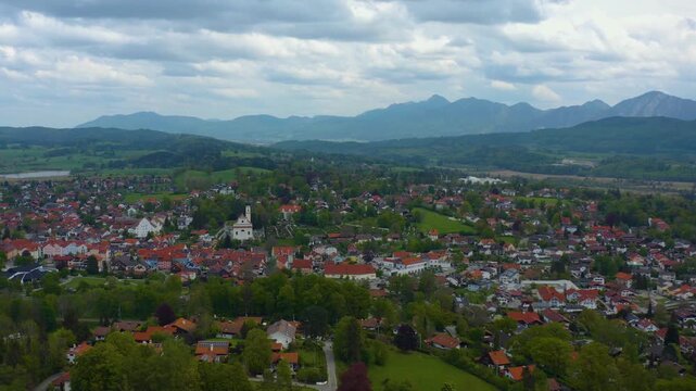 Aerial view of the city Murnau am Staffelsee in Germany, Bavaria on a sunny spring day 