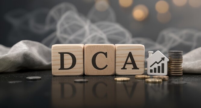 DCA Investment Concept with Wooden Blocks, Coins and House Symbol