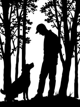 Vector silhouette of man with dog white background.