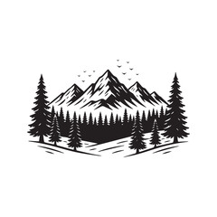 Obraz premium Mountain Range Silhouette with Pine Forest and Flying Birds Vector Illustration