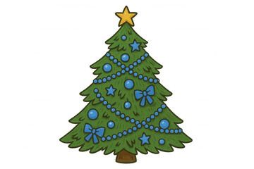 Fototapeta premium Decorated christmas tree with blue ornaments, bows, and star, representing holiday spirit and festive celebrations