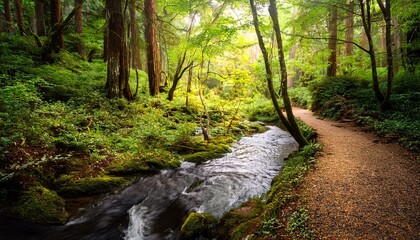 Obraz premium Path Through The Forest Trees With Flowing Water