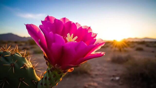 Stunning Desert Sunrise Timelapse: Close-up of a Pink Cactus Flower Blooming in the Morning Light