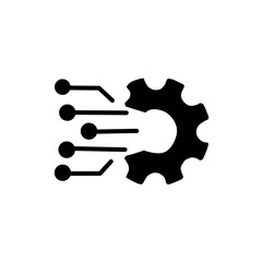 Black icon representing digital technology and engineering. A gear with connecting circuit lines and data points, symbolizing smart settings, automation, or AI mechanics.