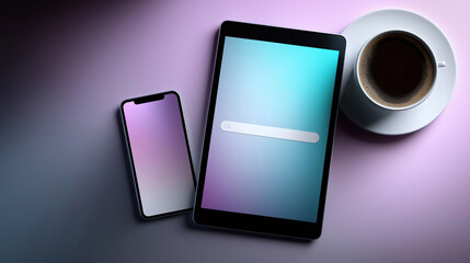 Modern technology setup with smartphone and tablet beside coffee