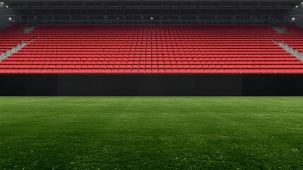 Blank stadium advertising board provides a perfect mockup space against vibrant green grass and red seats