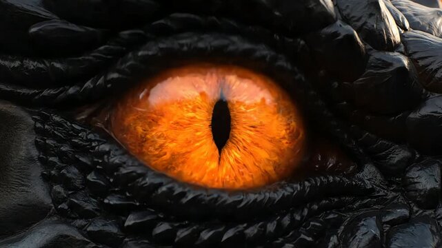 An extreme close-up reveals the intense, dangerous gaze of a mythical dragon's eye, highlighting the fiery orange pupil and dark textured scales.