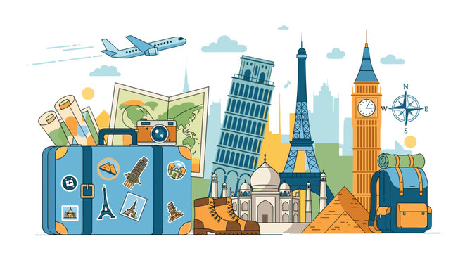 World travel concept with global journey and famous international landmarks, suitcase, and airplane, isolated vector illustration on transparent background.