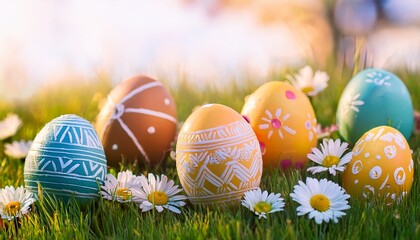 Fototapeta premium Art Decorated Easter Eggs In The Grass With Daisies