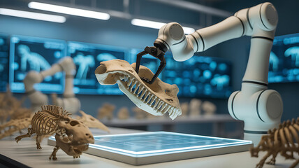 Robotic arm handling dinosaur skull in a high-tech laboratory setting with fossil skeletons and digital displays