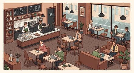 Isometric vector illustration: lively urban coffee shop. People working, drinking coffee, socializing in a modern, cozy cafe, inviting atmosphere.