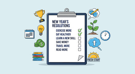 New Year's Resolutions list, planning goals, self-improvement, fresh start concept with motivational icons, isolated on transparent background. Clean SVG vector illustration.