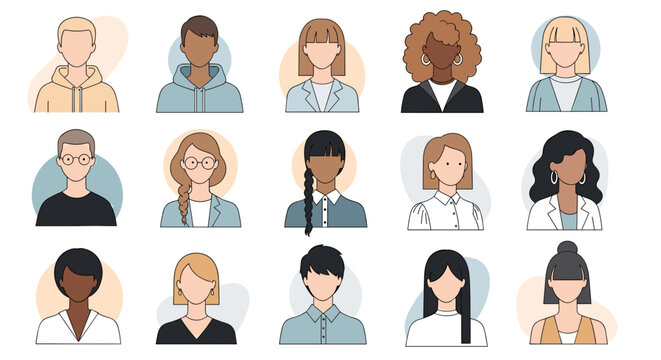 Diverse faceless user avatars and profile icons in modern flat design for UI, web, and app. SVG vector illustration, isolated on transparent background.