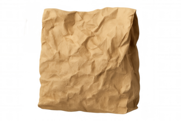 Crumpled brown kraft paper bag, recyclable grocery packaging, eco friendly shopping sack on transparent background