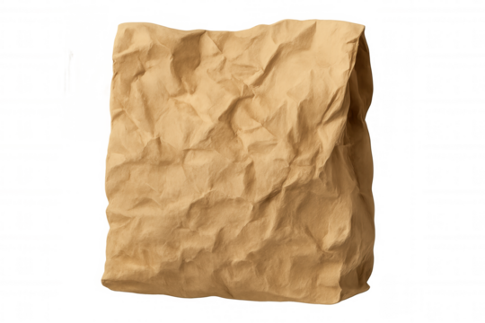 Crumpled brown kraft paper bag, recyclable grocery packaging, eco friendly shopping sack on transparent background