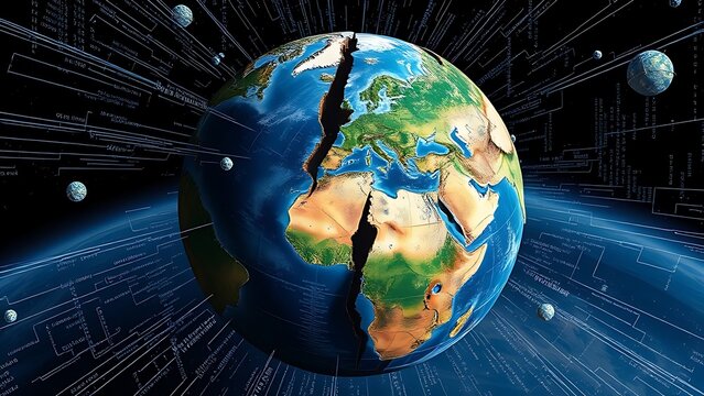 Fractured globe with mismatched seasonal quadrants spinning chaotically amid erratic satellite data.