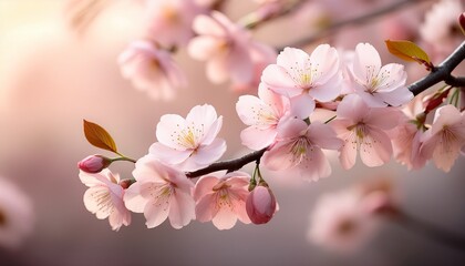 Obraz premium Soft Pink Cherry Blossoms Cluster On A Slender Branch Against A Blurry Pale Background In A Tranquil Scene