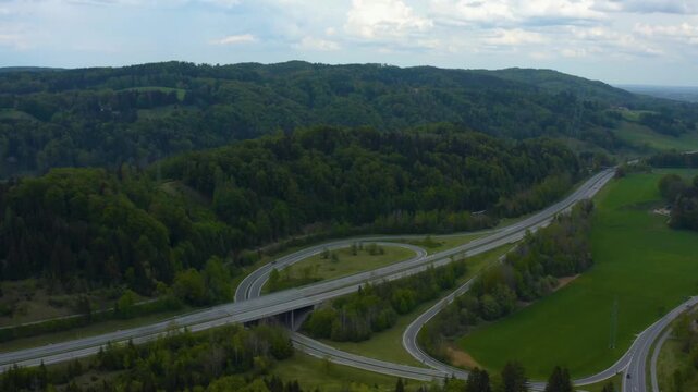 Aerial view beside the city Murnau am Staffelsee in Germany, Bavaria on a cloudy spring day 