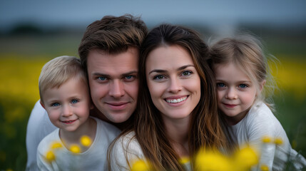 Happy family posing together in a yellow flower field