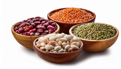 Fototapeta premium Assorted Legumes In Wooden Bowls Colorful And Nutritious Variety Isolated On Transparent Background
