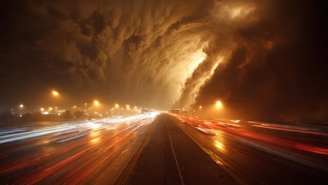 Cinematic light trails show the urgent exodus of traffic on a highway beneath a terrifying, end-of-the-world storm. - Powered by Adobe