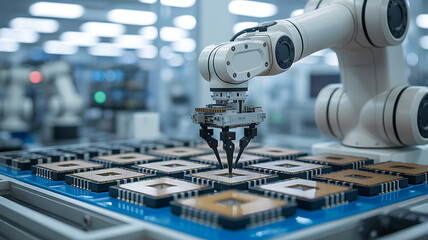 Fototapeta premium Robotic arm assembling electronic components in a high-tech manufacturing facility