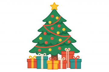 Christmas tree standing with colorful gift boxes, decorated with festive ornaments, illustrating holiday cheer, transparent background
