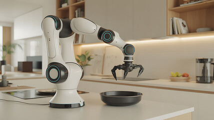 Robotic arm in modern kitchen preparing food