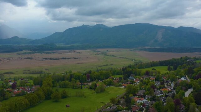 Aerial view beside the city Murnau am Staffelsee in Germany, Bavaria on a cloudy spring day 