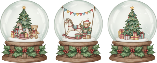 Three festive watercolor snow globes featuring Christmas trees rocking horses teddy bears and presents with holly decorations on the bases holiday toy