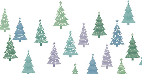 Obraz premium A whimsical collection of watercolor Christmas trees adorned with festive string lights and stars against a stark black backdrop festive lights decorations