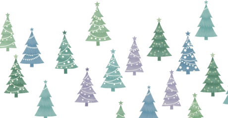 A whimsical collection of watercolor Christmas trees adorned with festive string lights and stars against a stark black backdrop festive lights decorations