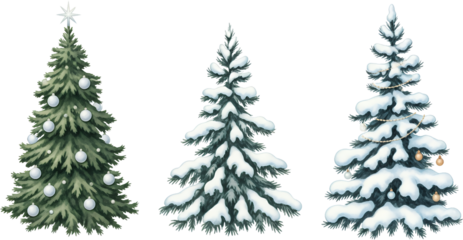 Three Christmas trees one decorated with white baubles and a star and two covered in snow one with festive lights and ornaments all on a transparent background