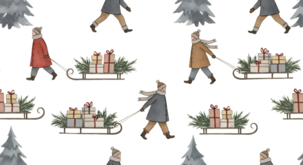 Watercolor people in winter clothing pulling sleds laden with gifts and fir branches across a dark background with stylized fir trees christmas snow festive