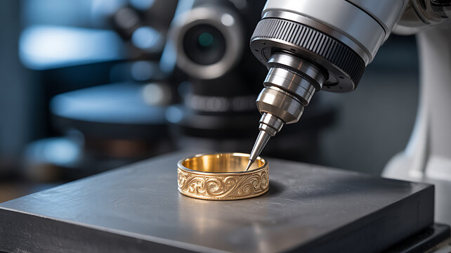 Precision engraving of a gold ring using a rotary tool in a workshop setting - Powered by Adobe