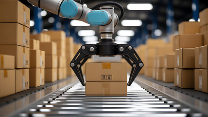 Robotic arm handling cardboard boxes on a conveyor belt in a warehouse