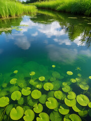 The approximate view of bright -green aquatic plants under transparent fine river water, gently swaying with the current, quick -tempered reflections visible in a calm natural scene. ASMR.