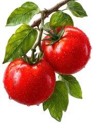 Obraz premium Two ripe red tomatoes hang from a stem with vibrant green leaves adorned with glistening water droplets here.