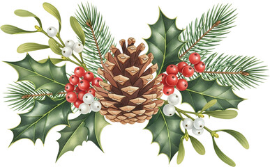 Fototapeta premium Decorative border of pine branches holly leaves red berries white berries mistletoe sprigs and a central pine cone against a transparent background Christmas