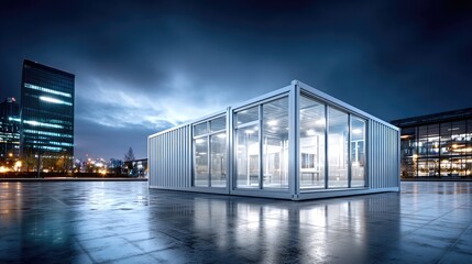 Shipping Container Structure with Glass Walls Under Blue Sky in Urban Nightscape