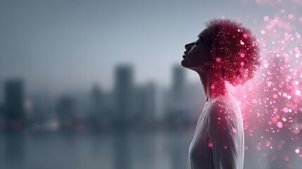Silhouette of a Woman with Pink Glowing Particles against a Blurred Cityscape at Dusk Evoking a Sense of Futuristic Technology and Serene Contemplation